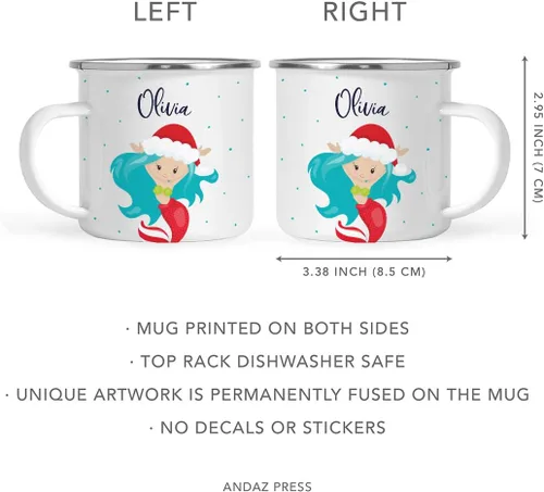 Vista 5 de Andaz Press Taza de café de acero inoxidable con nombre personalizado de 11 onzas para niños, diseño de sirena festiva, 1 paquete, taza de Navidad