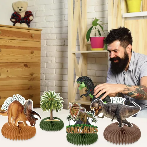 Vista 7 de Aoriher 14 piezas de centro de mesa de dinosaurio con forma de panal de abeja, decoraciones de fiesta de cumpleaños de dinosaurio, decoración