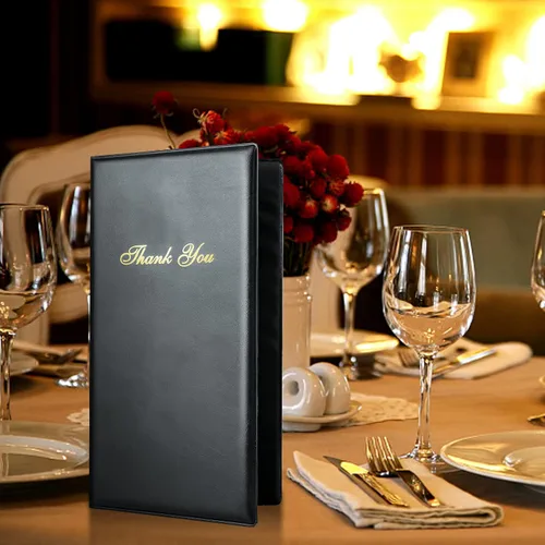 Vista 4 de Presentadores de cheques para restaurantes, libros de servidor para camarera, paquete de 5 tarjeteros de 10 x 5.5 pulgadas con impresión
