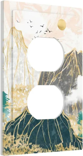 Vista 2 de Cubiertas de Salida Decorativas Boho Midcetury Oro Paisaje de Montaña del Sol 1 Banda Cubierta de Placa de Pared Receptáculo Interruptor de Luz