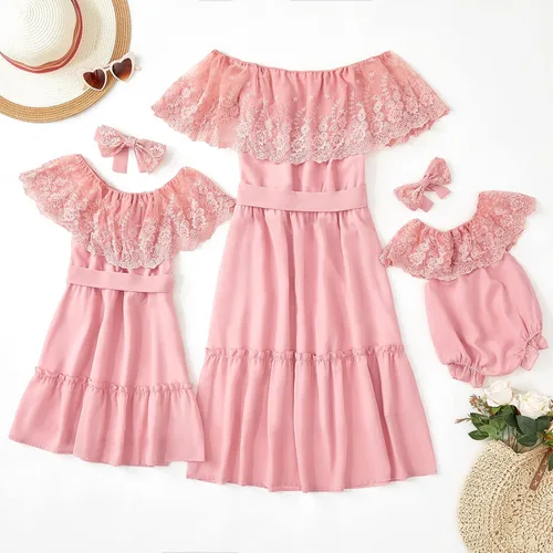 Vista 4 de PopReal - Vestidos con estampado floral a juego para madre e hija, de gasa, con volantes, manga corta, para la playa, con diadema, con tira de tela
