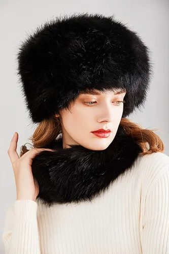 Vista 4 de Lovful Sombrero estilo cosaco ruso de piel sintética para mujer, conjunto de bufanda para mujer