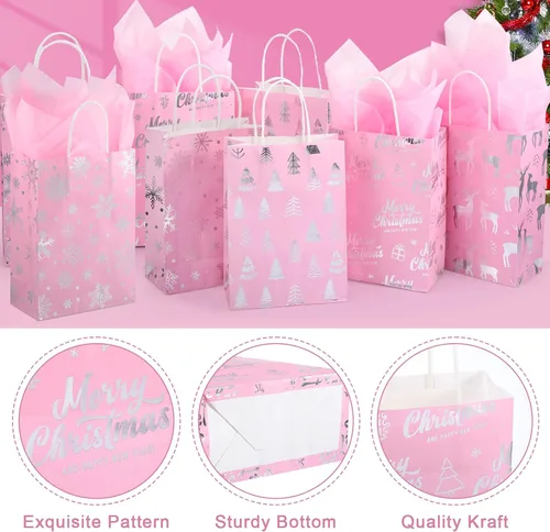 Vista 4 de Pasimy 24 bolsas de regalo de Navidad rosadas con papel de seda, bolsa de papel de dulces de Navidad rosa con lámina metálica plateada de copo