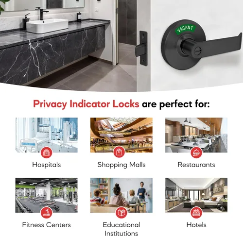 Vista 7 de VIZILOK Cerradura de puerta comercial para privacidad del baño, indicador ocupado vacante de alta resistencia en negro mate, grado ANSi 2, perfecto