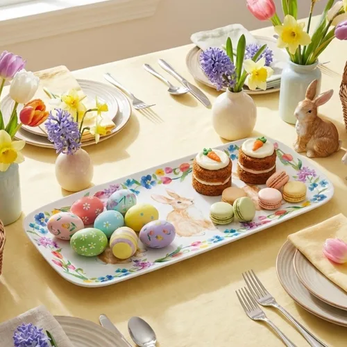 Vista 5 de UP ware - Bandeja de melamina de conejo de Pascua, bandeja rectangular de 15 x 6.5 pulgadas, bandeja de alimentos sin BPA para entretenimiento