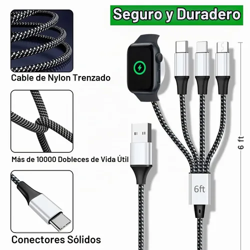 Vista 4 de TOP-UP Cable de carga múltiple para cargador de Apple Watch (6 pies), cable trenzado 4 en 1 para múltiples dispositivos, USB C/Micro/Multi cargador