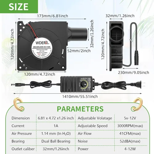 Vista 4 de Ventilador eléctrico pequeño de 4.724 in x 1.260 in para barbacoa de 12 V con controlador para soplador de aire de jaula de ardilla, ventilación