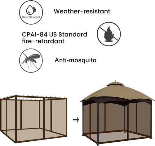 Vista 4 de Tanxianzhe Mosquitera de Repuesto para Gazebo de 10'x10' Paredes Mosquiteras de Patio de 4 Paneles con Cremallera (Marrón)