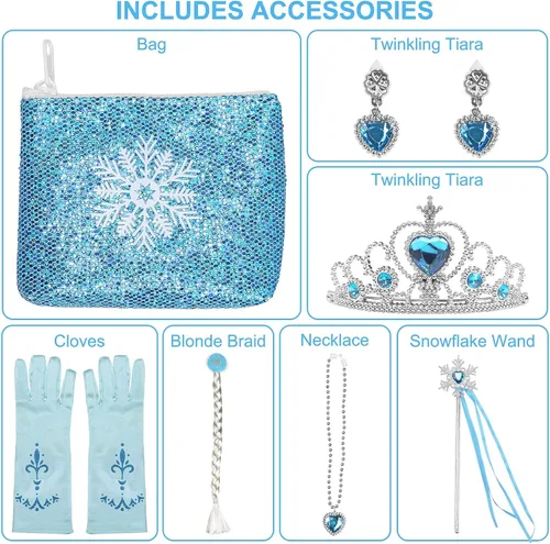 Vista 4 de Vestido de princesa prémium para niñas, conjunto completo de disfraces para fiestas, Halloween y cosplay, incluye bolso, corona, varita, trenza