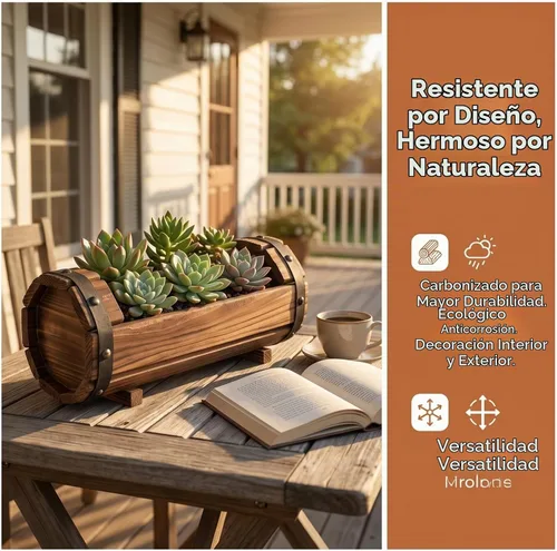 Vista 6 de DOITOOL Macetas de medio barril para exteriores, paquete de 2 macetas rústicas de madera maciza para plantas, juego de macetas de barril de vino