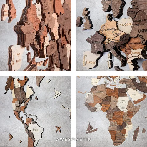 Vista 6 de AWESOMETIK Mapa del mundo de madera 3D multicolor 3D, mapa de madera del mundo, fácil instalación con cinta de doble cara, incluye complementos