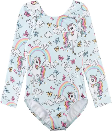 Vista 93 de HOZIY - Leotardos de manga larga para niñas, de gimnasia, para niños pequeños, trajes florales de unicornio, galaxia, arco iris, patrón de rayas
