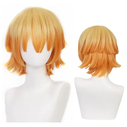 Vista 2 de Peluca corta naranja amarilla ombré peluca con flequillo peluca recta en capas para hombres y niños, peluca sintética anime cosplay peluca