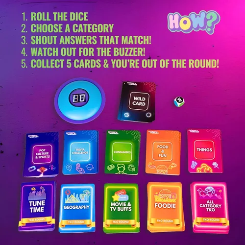 Vista 4 de Categoría Knockout: Juego de Trivia y Desafío de Palabras de Ritmo Rápido para Familias, Adultos y Niños — Buzzer + Dados, 100+ Cartas, Rondas