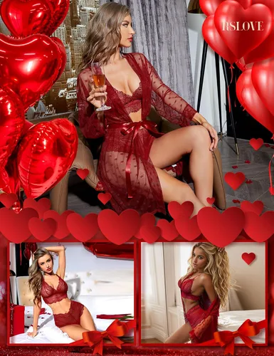 Vista 4 de RSLOVE Conjunto de lencería sexy para mujer, 3 piezas, bata de kimono de encaje con brasier y braga transparente para dormir