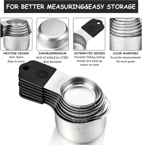 Vista 3 de Juego de 7 tazas medidoras magnéticas apilables de acero inoxidable para medir ingredientes secos y líquidos