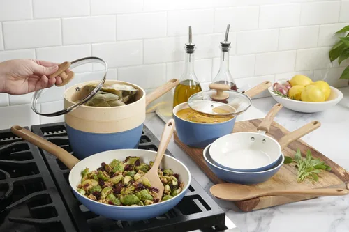 Vista 2 de GoodCook Juego de utensilios de cocina de cerámica saludable con infusión de titanio, 10 piezas, color azul claro, ollas, sartenes, vaporera