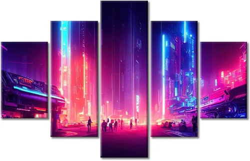 Vista 254 de Cuadros de 5 paneles de Cyberpunk City, arte de pared, representación de vallas publicitarias, edificios modernos en la capital con obras de arte