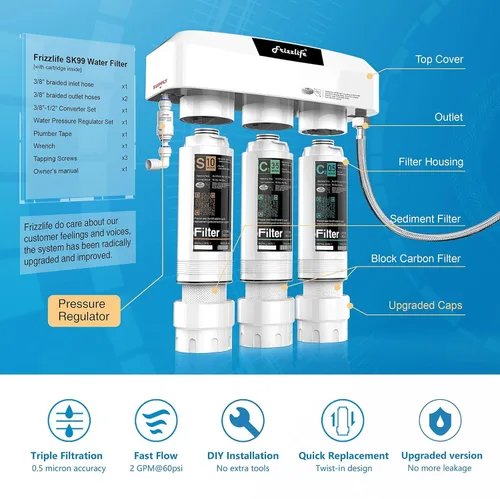 Vista 3 de Frizzlife Sistema de filtro de agua para debajo del fregadero, certificado NSF/ANSI 53 y 42 y 372, filtración de agua de 8 capas de 0.5 micrones que