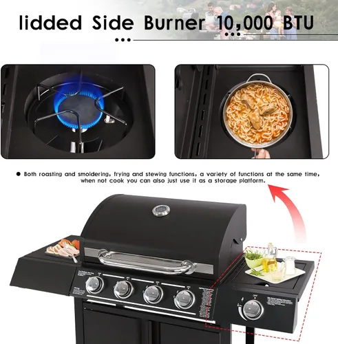 Vista 4 de LEISU Parrilla de gas propano de 4 quemadores con quemador lateral y rejillas de hierro fundido, parrilla de salida de 50,0000 BTU para cocina