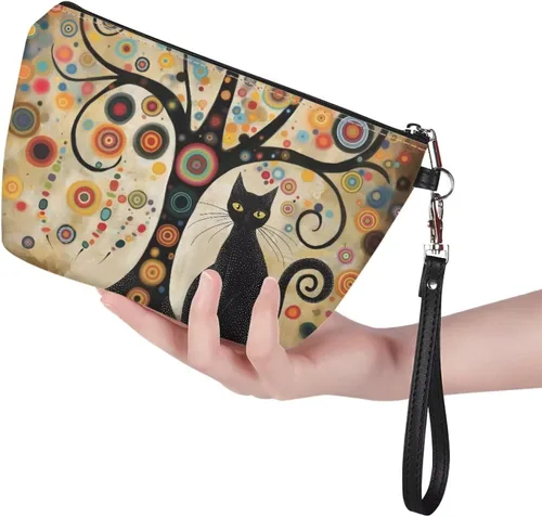Vista 3 de Howilath Abstract Art Cat Cosmetic Pouch for Women PU Leather Toiletry Storage Bag Trapezoid Makeup Bags with Wrist Strap