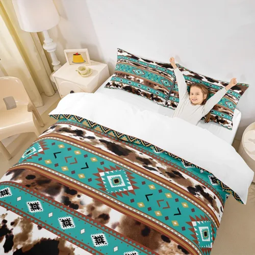Vista 3 de Juego de ropa de cama de piel de vaca, funda de edredón con estampado de vaca de las tierras altas, tamaño individual, funda de edredón tribal Multi