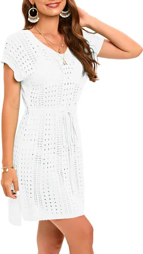 Vista 4 de Jhsnjnr Vestidos de playa de ganchillo para mujer, con lazo en la cintura, traje de baño