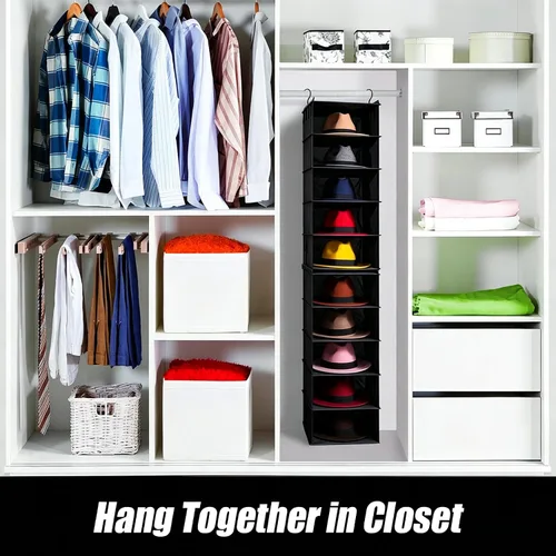 Vista 6 de LADYBRO Oxford Cloth Hat Rack for Closet, 10-Shelf Organizer for Fedora, Sunhat, Cowboy, Baseball Cap, 2 Separate 5-Shelf, Hanging for Storage or