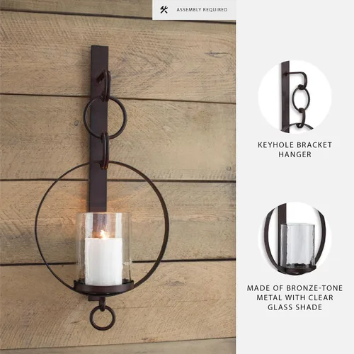 Vista 3 de Signature Design by Ashley - Aplique de pared con velas de gran tamaño, decoración en tono bronce Clear glass hurricane, Bronze-tone metal wall