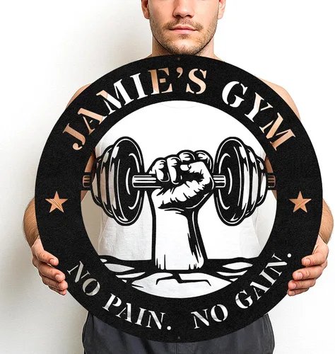 Vista 30 de Cartel de metal personalizado para gimnasio con nombre, arte de pared para sala de entrenamiento en casa, garaje, espacio de fitness, decoración