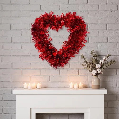 Vista 4 de Coronas para el día de San Valentín, coronas rojas de oropel en forma de corazón con guirnalda de amor de papel de aluminio para colgar en la pared