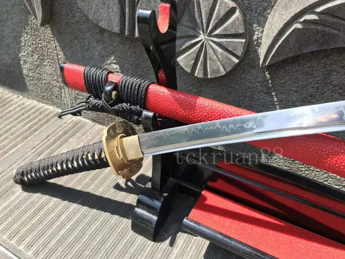 Vista 6 de YL Espada a mano forjada T10 arcilla de acero templada espiga completa japonesa Katana Espada Latón Tsuba