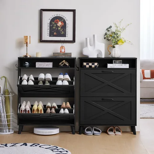 Vista 4 de Joaxswe Gabinete de Almacenamiento de Zapatos con 2 Cajones Abatibles, Organizador Estilo Granja para Entrada, Estante Oculto Estrecho con Patas