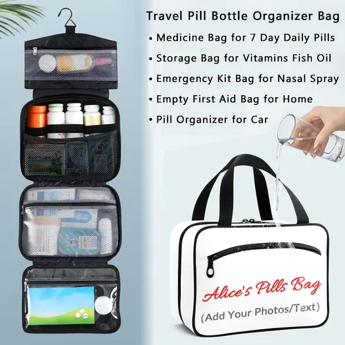 Vista 7 de Naanle Bolsa organizadora de píldoras personalizada con nombre, foto, botella de píldoras de viaje, organizador de medicamentos, bolsa