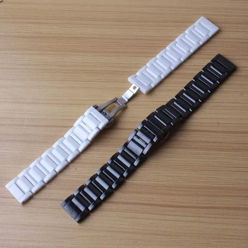 Vista 7 de Correa de cerámica negra pura de 0.551in 0.630in 0.709in 0.787in para señora mens relojes reloj pulido elegante metal mariposa hebilla