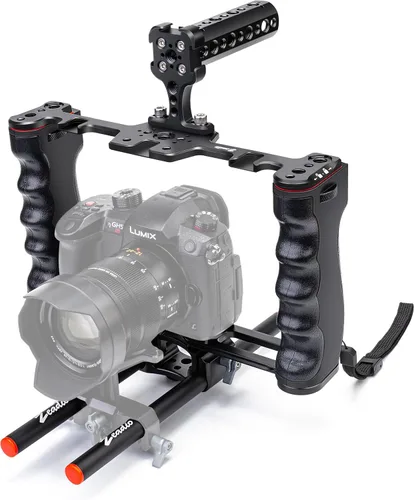 Vista 8 de Zeadio Kit de aparejo de video todo en uno, jaula de cámara de mano de aluminio con luz de video RGB, micrófono, mango superior, guía de varilla