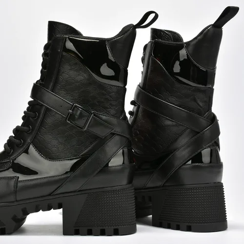 Vista 6 de Cape Robbin Botas de combate Hot Rod para mujer, botas de plataforma con tacones de bloque gruesos, botas altas para mujer