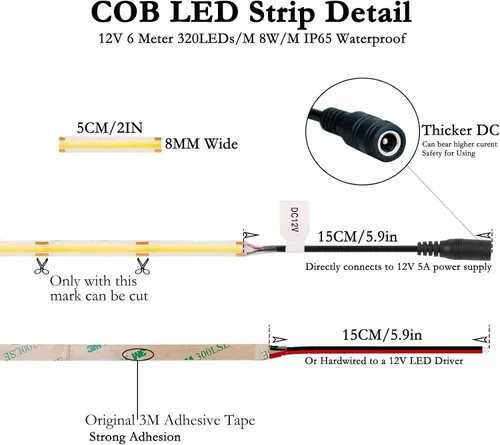 Vista 5 de JOYLIT 12V Tira de Luz LED COB Impermeable 20FT/6M 2700K Blanco Cálido CRI 90+ 320LEDs/M Cinta LED Uniforme Sin Puntos Luminosos Regulable