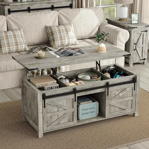 Vista 8 de Furnihold Mesa auxiliar elevable, mesa de centro de granja de 47.3 pulgadas con gran compartimento de almacenamiento oculto y puertas corredizas