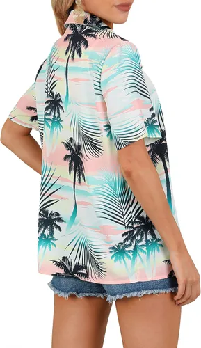 Vista 3 de ZXZY Camisetas de verano para mujer, con estampado floral tropical, manga corta, con botones, Verde