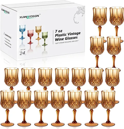 Vista 25 de XUWAIDSGN 16 Piezas Copas de Vino Vintage de Plástico de 7oz Vasos para Beber Irrompibles Cristalería para Bodas Copas de Agua de Cristal