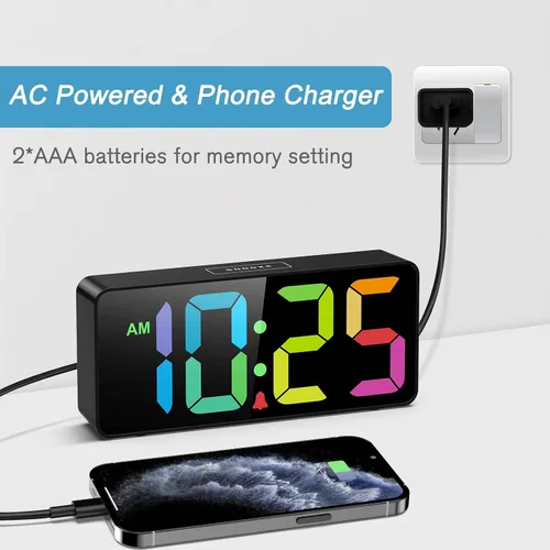 Vista 6 de Welgo Reloj despertador de número grande de 7.5 pulgadas para personas mayores y niños, 0-100% brillo y volumen ajustables, puerto de carga USB