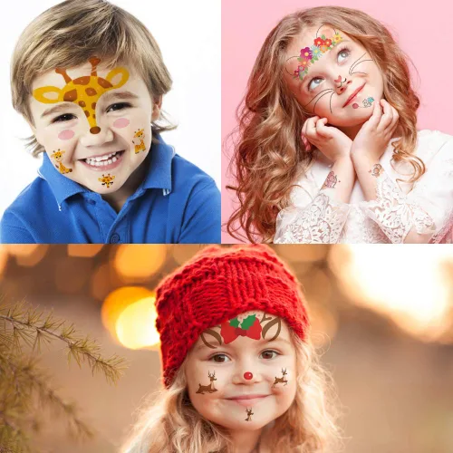 Vista 5 de Tatuaje facial temporal de animales para niños, paquete de 10 calcomanías de pintura facial, rellenos de cesta de Pascua, Halloween, Navidad