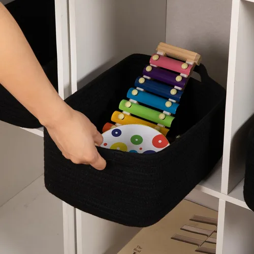 Vista 7 de OIAHOMY Cestas tejidas de cuerda de algodón para almacenamiento, cesta de almacenamiento rectangular para guardería con asas para estantes, paquete