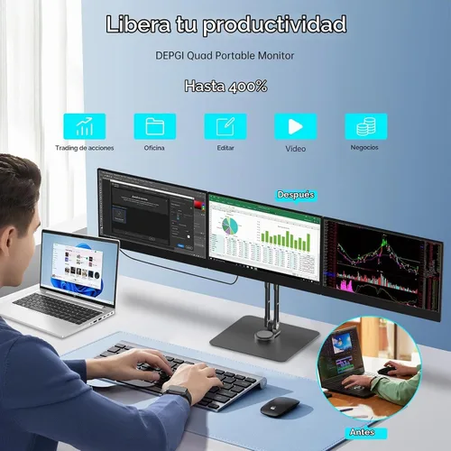 Vista 8 de DEPGI Extensor de pantalla triple para portátil de 14 pulgadas, extensor de pantalla de computadora portátil, monitor extendido FHD IPS de 3 x 14