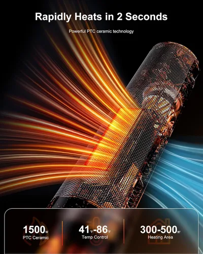 Vista 6 de Calentador de espacio en torre con termostato ajustable para habitaciones grandes, oscilación de 60°, control remoto y temporizador de 12 horas