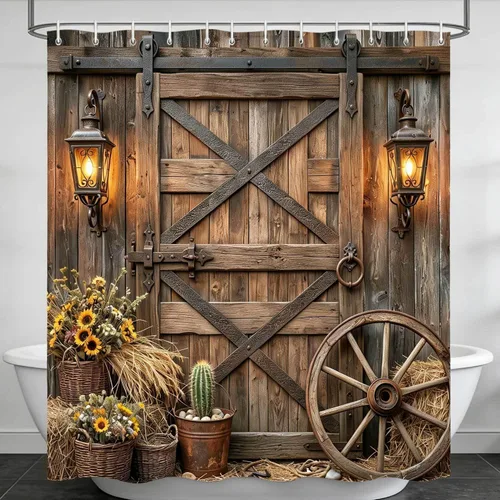 Vista 8 de Cortina de ducha de puerta de granero de madera rústica, 60 x 70 pulgadas, beige