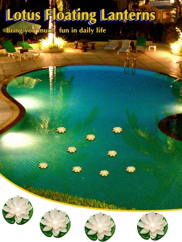 Vista 4 de Hortsun 9 luces flotantes de loto con pilas, almohadillas de lirio, flores de piscina, velas flotantes, decoración de plantas de estanque