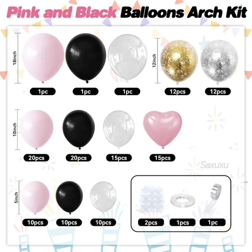 Vista 2 de Kit de arco de globos rosa y negro, kit de arco de guirnalda de globos negros y rosados, globos de látex de corazón macarrón, globo de confeti