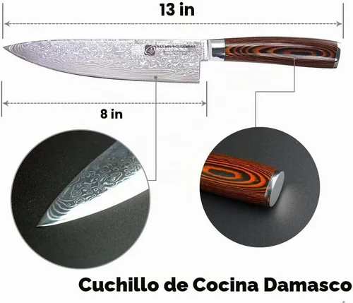Vista 3 de Cuchillo de chef profesional de Damasco, 67 capas hecho a mano de 8 pulgadas, cuchillo de chef de Damasco, VG10 Super Steel Core